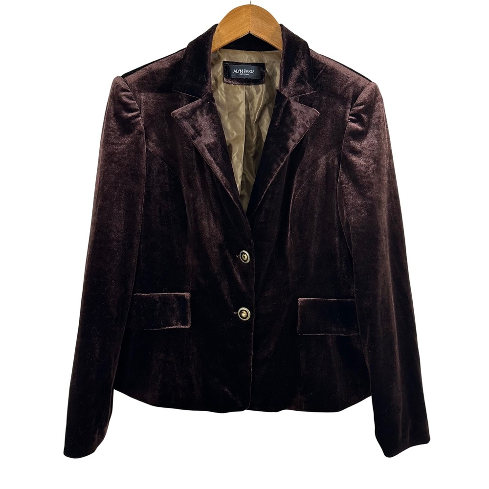 Alyn Paige New York Womens Chocolate Brown Velvet Blazer Jacket Notched‎ Lapel L